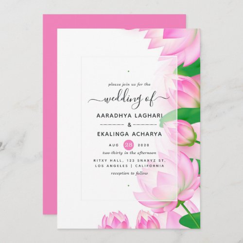 Pink Watercolor Lotus Flower Indian Wedding Invitation