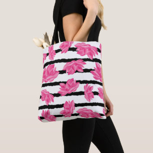 Pink Watercolor Lotus Flower Pattern Tote Bag