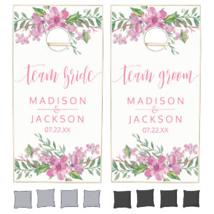 Pink Watercolor Love Blossoms Wedding Monogram Cornhole Set