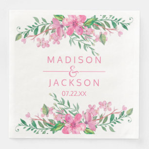 Pink Watercolor Love Blossoms Wedding Monogram Paper Dinner Napkins