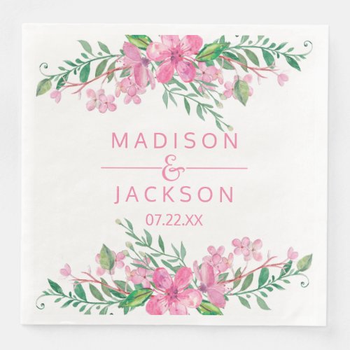 Pink Watercolor Love Blossoms Wedding Monogram Paper Dinner Napkins
