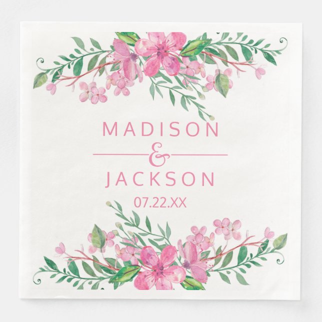 Pink Watercolor Love Blossoms Wedding Monogram Paper Dinner Napkins (Front)