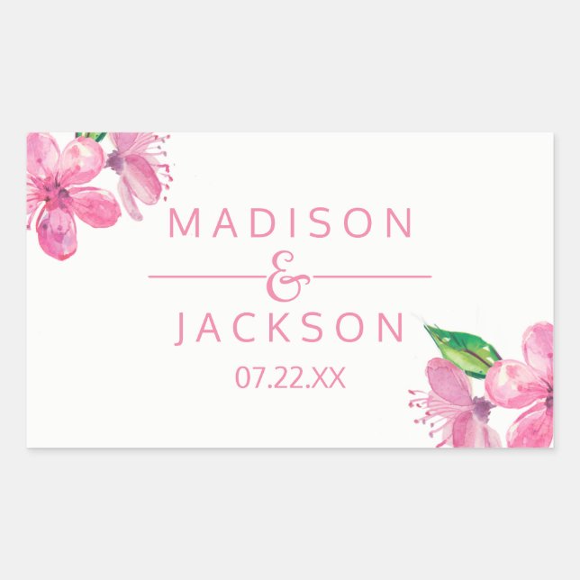 Pink Watercolor Love Blossoms Wedding Monogram Rectangular Sticker (Front)