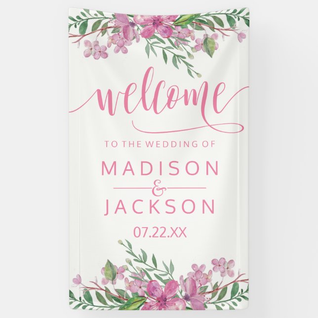 Pink Watercolor Love Blossoms Wedding Welcome Banner (Vertical)