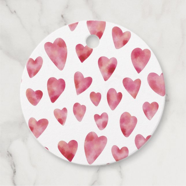 Pink Watercolor love heart pattern Favor Tags (Front)