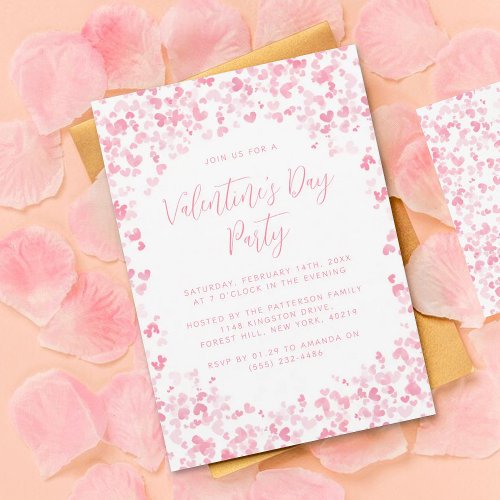 Pink Watercolor Love Hearts Valentines Day Party Invitation