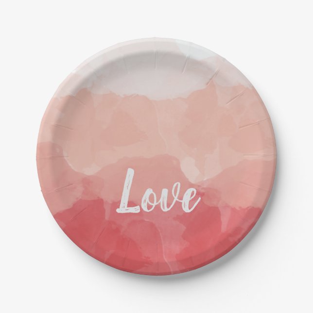 Pink Watercolor Love Paper Plates (Front)