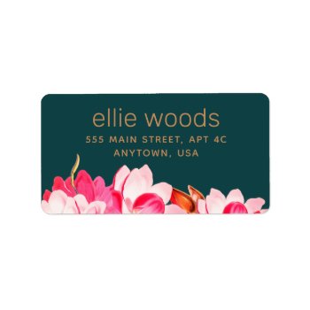 Pink Watercolor Magnolia Floral Teal  Address  Label by sm_business_cards at Zazzle