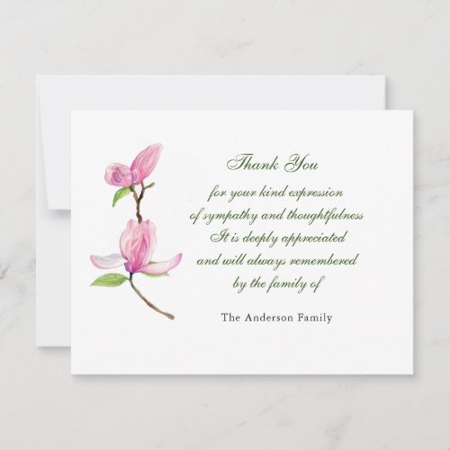 Pink watercolor Magnolia flower thank you card