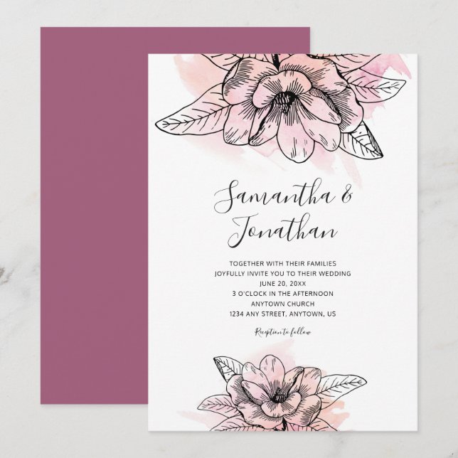 Pink Watercolor Magnolia Flower Wedding Invitation (Front/Back)