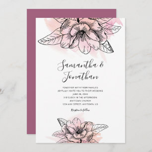 Pink Watercolor Magnolia Flower Wedding Invitation