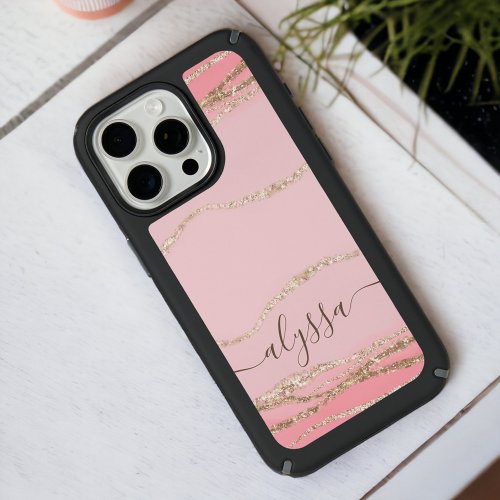 Pink watercolor marble gold glitter name script iPhone 15 pro max case