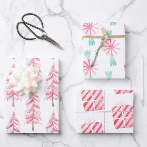 Pink Watercolor Mint Tree Christmas Wrapping Paper