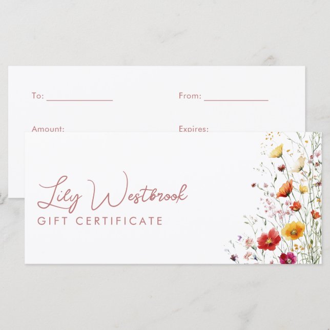 Pink Watercolor Modern Wildflower Gift Certificate (Front/Back)