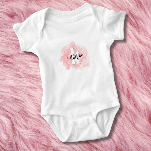 Pink Watercolor Monogram Baby Girl Baby Bodysuit (Creator Uploaded)
