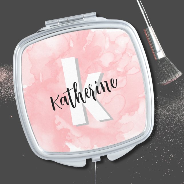 Pink Watercolor Monogram Compact Mirror (Simple Girly Pink Watercolor Monogram Compact Mirror)