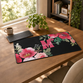 Pink Watercolor Monogram Desk Mat Gift for Her