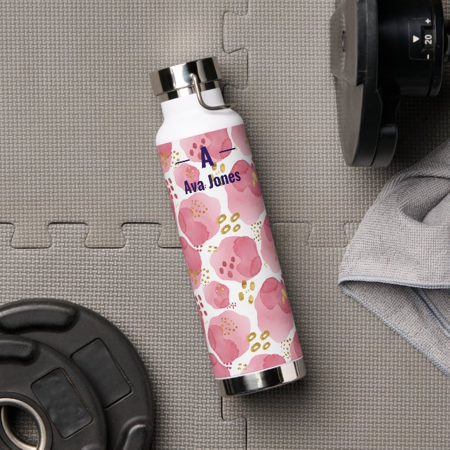 Pink Watercolor Monogram Thermos – Custom Name  Water Bottle (Gym)