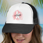 Pink Watercolor Monogram Trucker Hat<br><div class="desc">A soft blush pink watercolor backdrop provides the canvas for a cute and contemporary monogram, featuring initials and name. The monogram's black and white color palette, composed of clean modern fonts mixed with a script font, exudes a simple yet fun charm. Whether you want to use your first name or...</div>