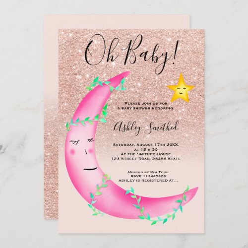 Pink watercolor moon stars glitter baby shower invitation