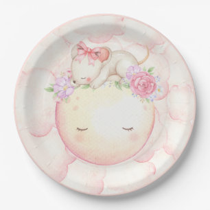 Pink Watercolor Moon Stars Mouse Floral Paper Plates