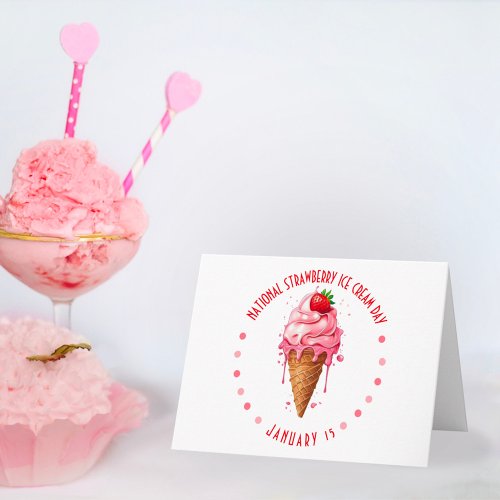 Pink Watercolor National Strawberry Ice Cream Day Note Card