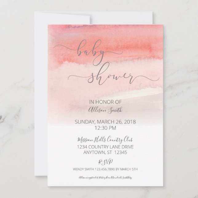 Pink Watercolor Ombre Baby Shower Invitation (Front)