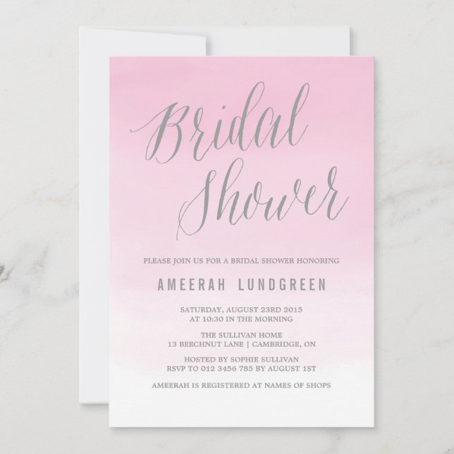 Pink Watercolor Ombre Bridal Shower Invitation (Front)