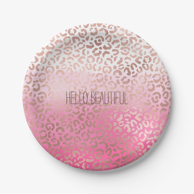 Pink Watercolor Ombre Leopard Print Personalized Paper Plates (Front)