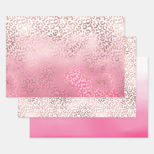 Pink Watercolor Ombre Leopard Print Wrapping Paper Sheets (Set)