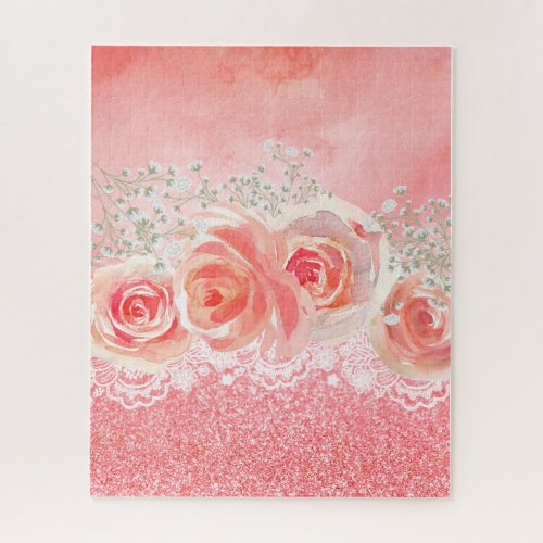 Pink Watercolor Ombre Rose Floral Lace Jigsaw Puzzle