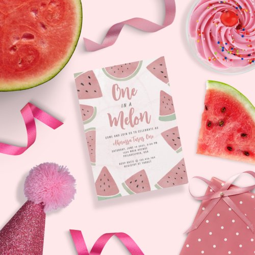 Pink Watercolor One in a Melon Girl First Birthday Invitation