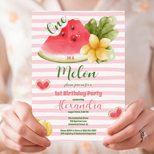 Pink Watercolor One in a Melon Girl First Birthday Invitation