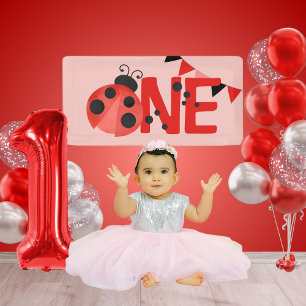 Pink Watercolor ONE Ladybug Birthday Mini Banner