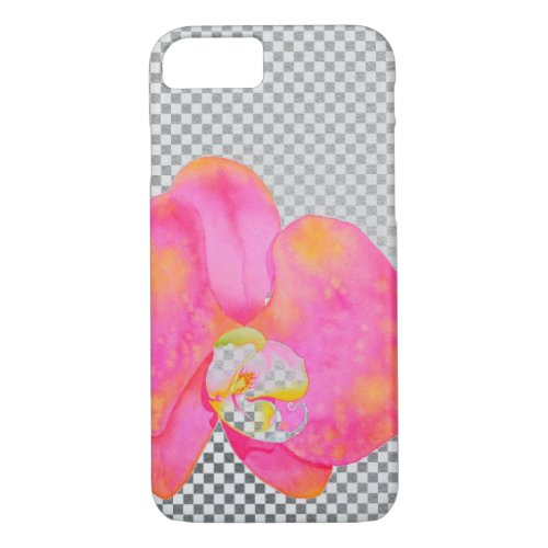 Pink watercolor orchid painting grey checks iPhone 87 case