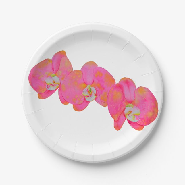 Pink watercolor Orchid painting Paper Plates (Front)