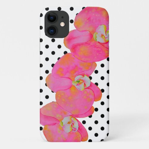 Pink watercolor Orchid painting polka dots iPhone 11 Case