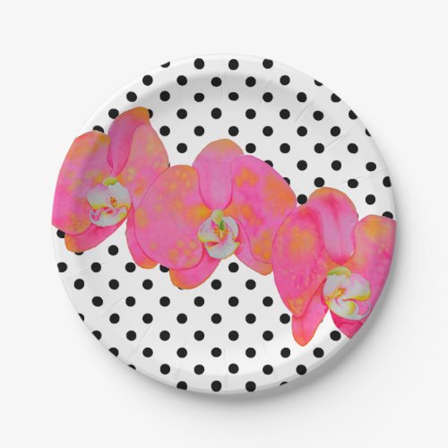 Pink watercolor Orchid painting  polka dots Paper Plates