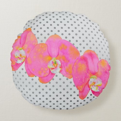 Pink watercolor Orchid painting polka dots Round Pillow