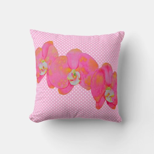 Pink watercolor Orchid painting polka dots Throw Pillow