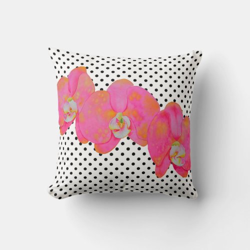 Pink watercolor Orchid painting polka dots Throw Pillow