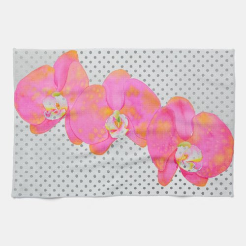 Pink watercolor Orchid painting polka dots Towel