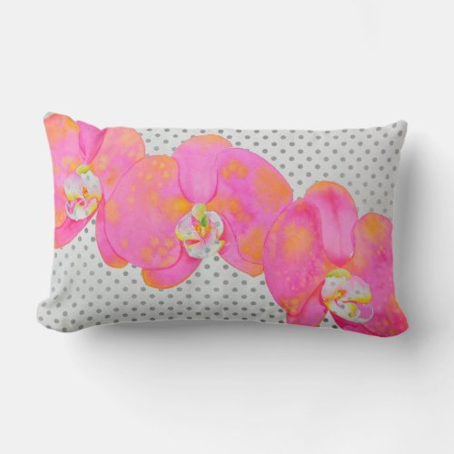 Pink watercolor Orchid painting polkadots  Lumbar Pillow