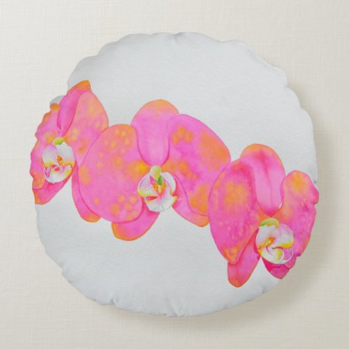 Pink watercolor Orchid painting Round Pillow