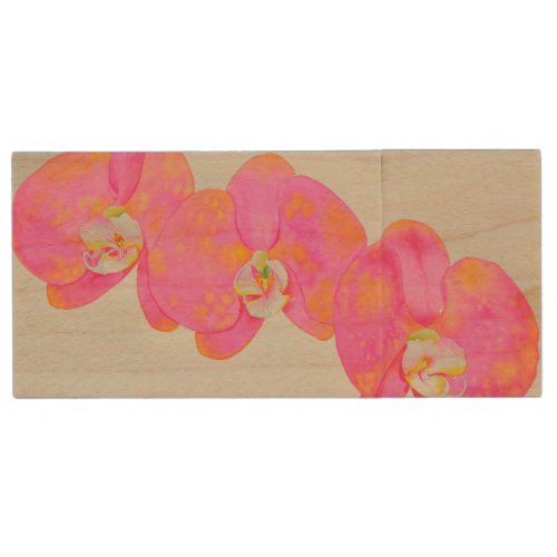 Pink watercolor Orchid painting Wood USB Flash Drive