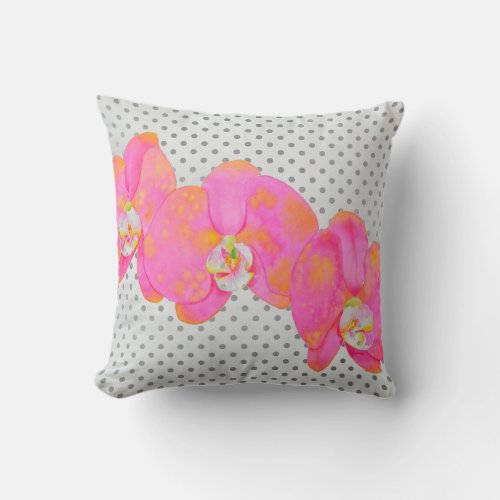 Pink watercolor Orchids grey polka dots Throw Pillow