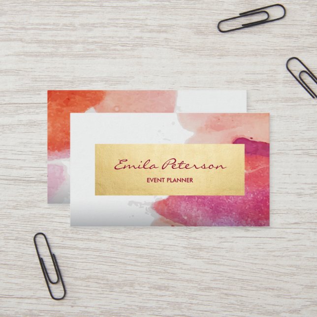 Pink Watercolor Paint Splatter Abstract Business Card (Front/Back In Situ)