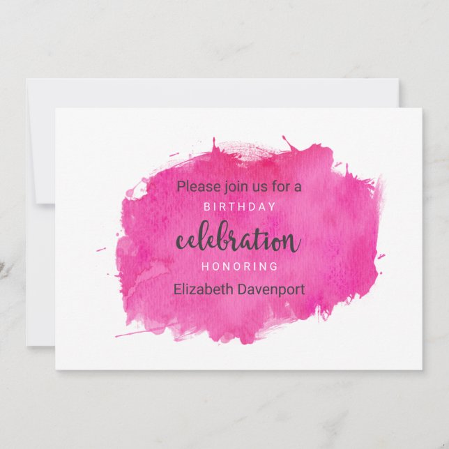 Pink Watercolor Paint Splatter Birthday Inivtation Invitation (Front)