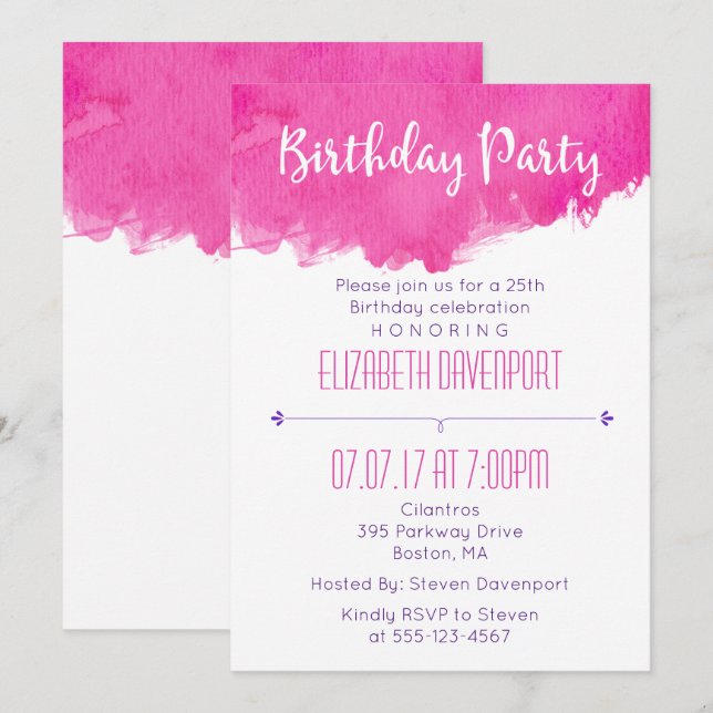 Pink Watercolor Paint Splatter Birthday Invitation (Front/Back)