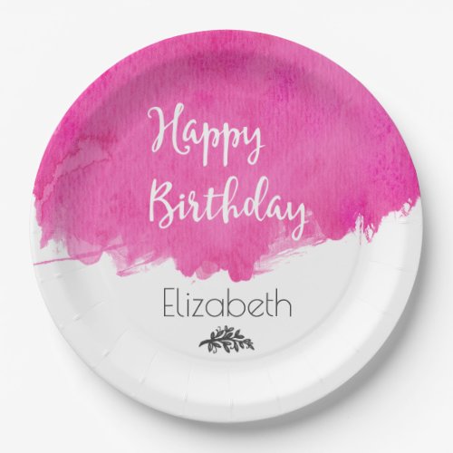 Pink Watercolor Paint Splatter Happy Birthday Paper Plates